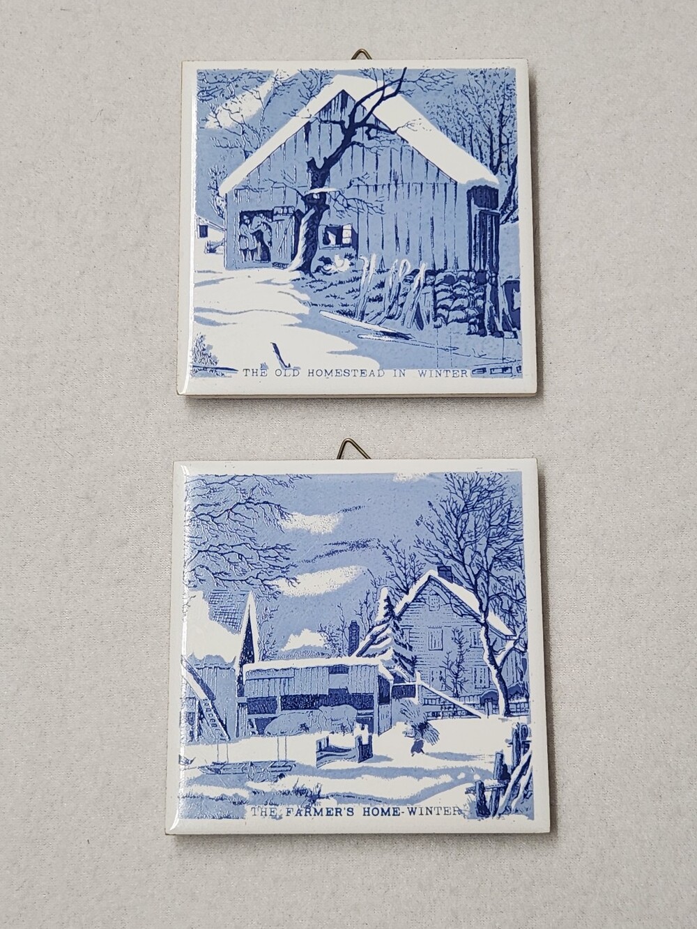 Vintage Currier & Ives Blue White Ceramic Wall Tile Plaque Set Cottagecore Folk